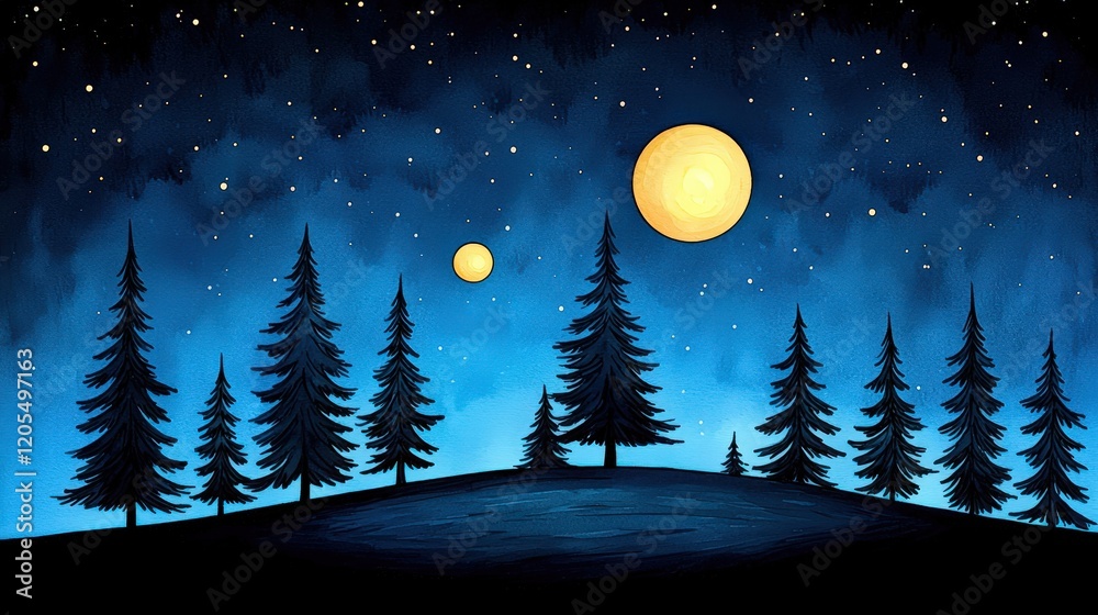 Fototapeta premium Enchanting Night Sky with Stars and Two Large Moons Over Silhouette of Pine Trees