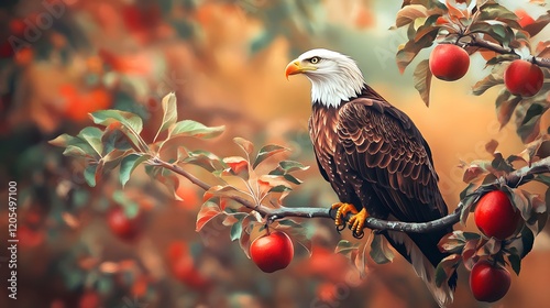 Bald eagle perched on apple branch, autumn orchard, nature background, wildlife poster photo