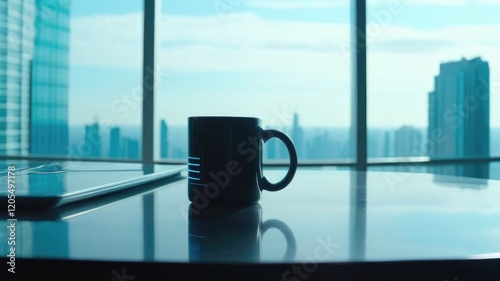 Ceramic Mug With Drink On Desk In Office Large Panoramic Window Office Morning Cybernetics Style Text Space
