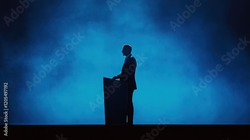 Man stands confidently on podium bathed in blue light during a public speaking event, showcasing his silhouette against a dramatic backdrop