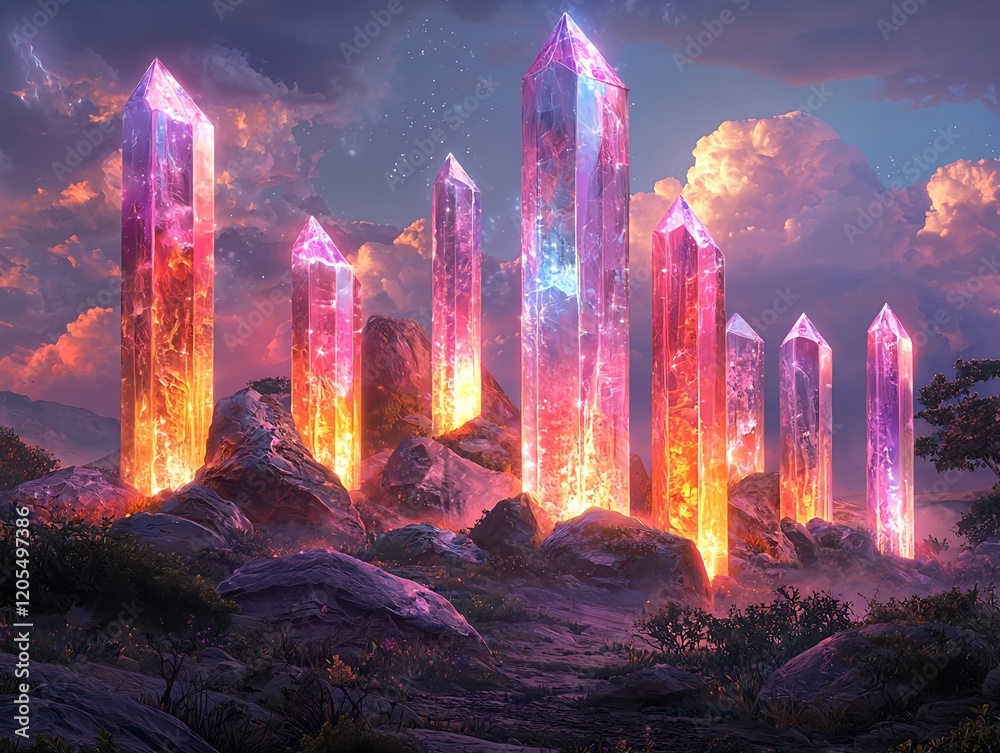 Fototapeta premium A crystal stone forest features smooth-edged pillars set against a bright, colorful background