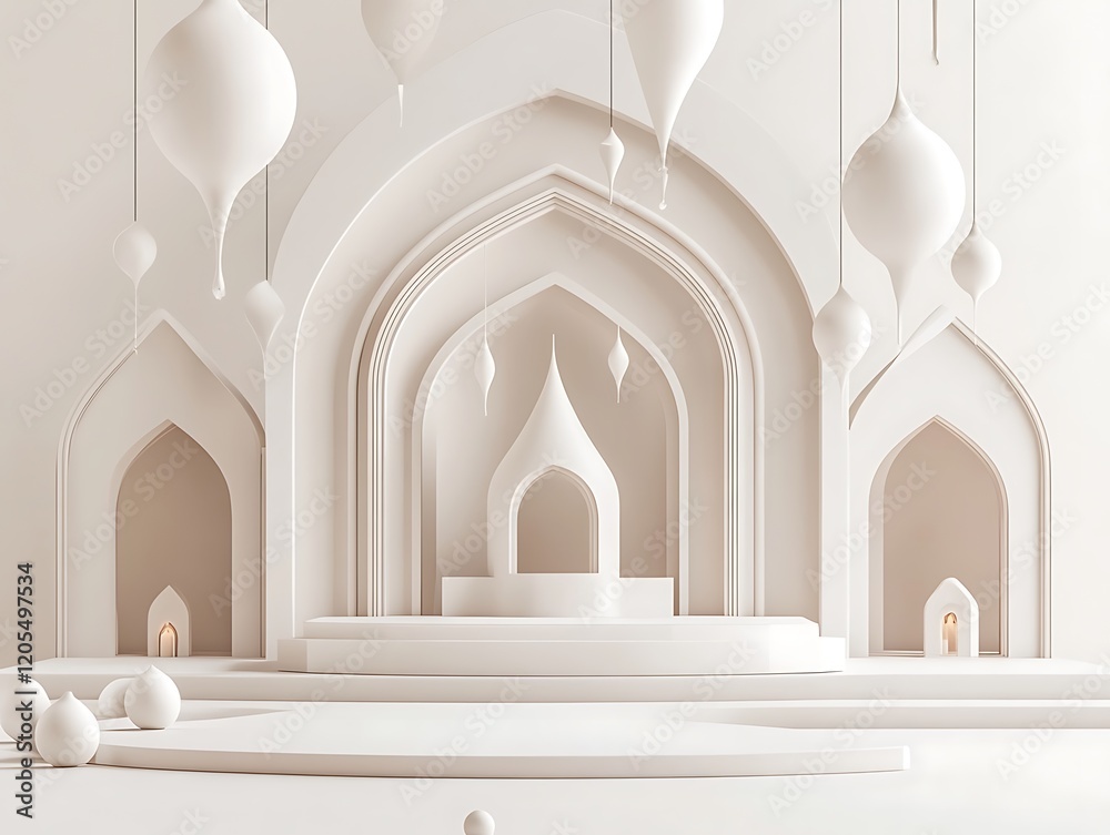 Fototapeta premium Minimalist White Architectural Design With Hanging Ornaments