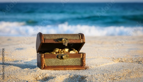 Obraz na płótnie A chest of gold coins found on the beach w salonie