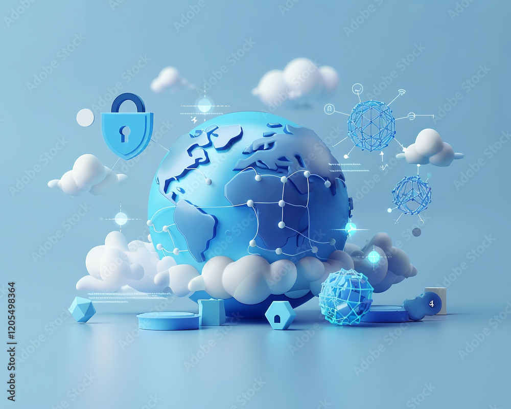 Obraz premium A cybersecurity-themed illustration of Earth secured by a padlock, surrounded by cloud technology elements.