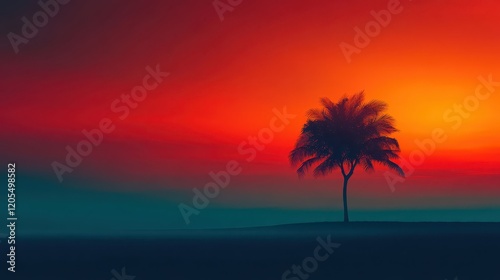 Vibrant sunset reveals a solitary palm tree against a warm abstract sky, creating a stunning and peaceful scene at twilight, inviting reflection and tranquility