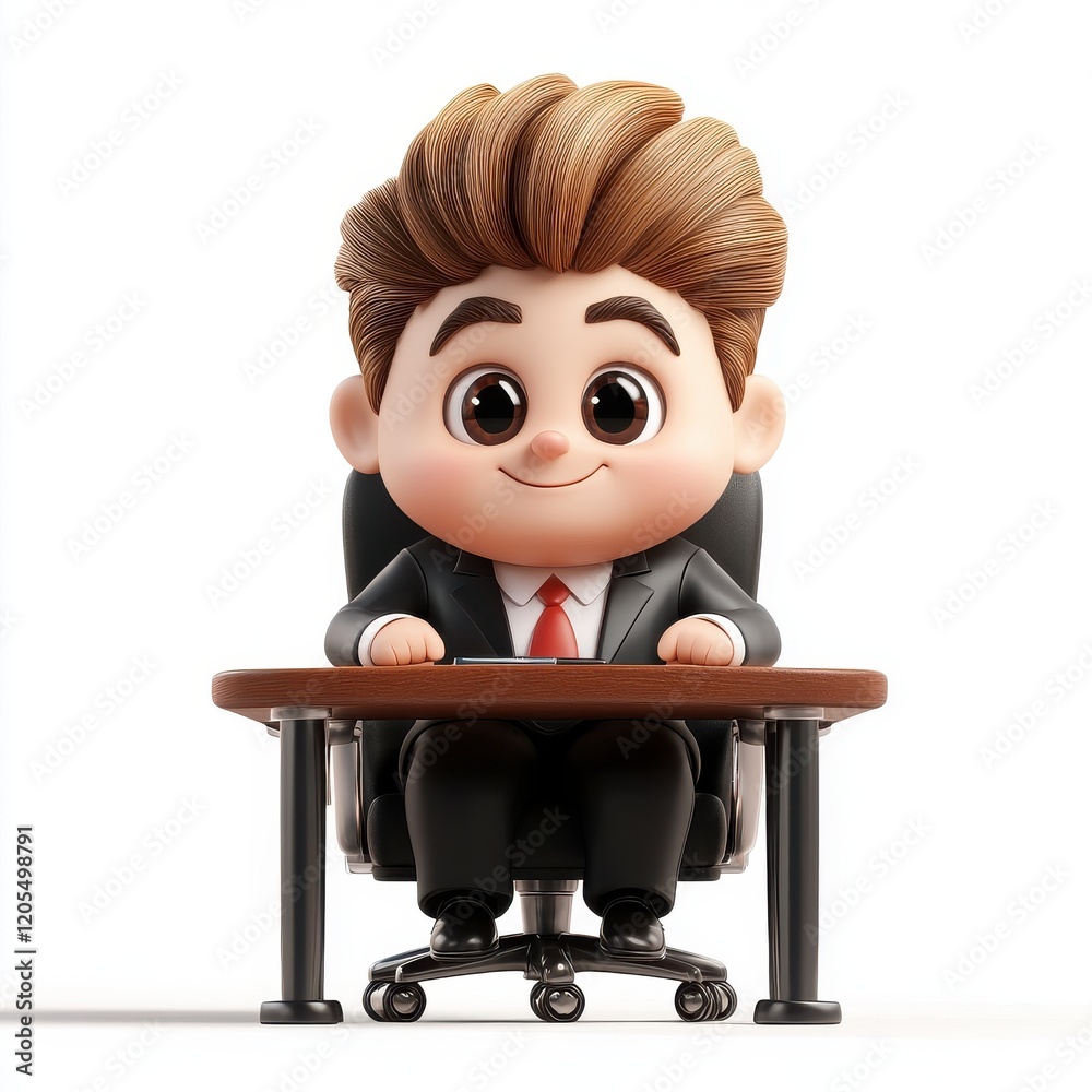 A cartoonish character with big eyes and stylish hair sits confidently at a desk, dressed in a suit, ready for business. A cartoonish character with big eyes and stylish hair sits confidently at a desk, dressed in a suit, ready for business.