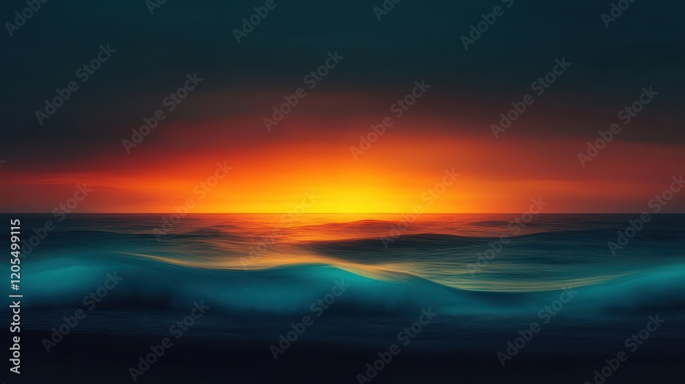Obraz premium As the sun sets vibrantly over the hazy waves, the scene evokes an abstract sense of tranquility, perfectly encapsulating the essence of a peaceful vacation spot