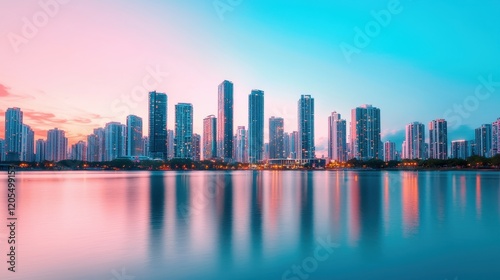 A vibrant city skyline reflects on water during sunset, showcasing modern architecture under a colorful sky.