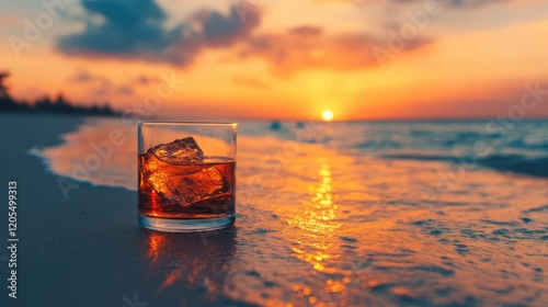 As the warm sun sets over the beach, I enjoy a refreshing drink resting on the shore while the gentle waves lap soothingly against the sand photo