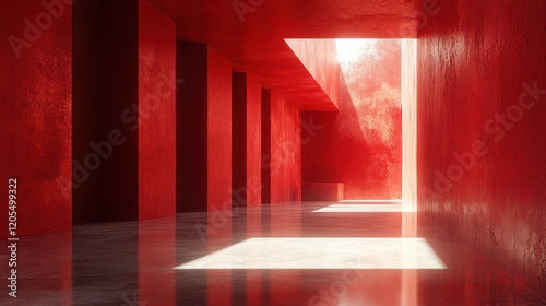 The vibrant red interior, designed with bold geometric features, evokes a feeling of openness and clarity, making the space feel even more expansive