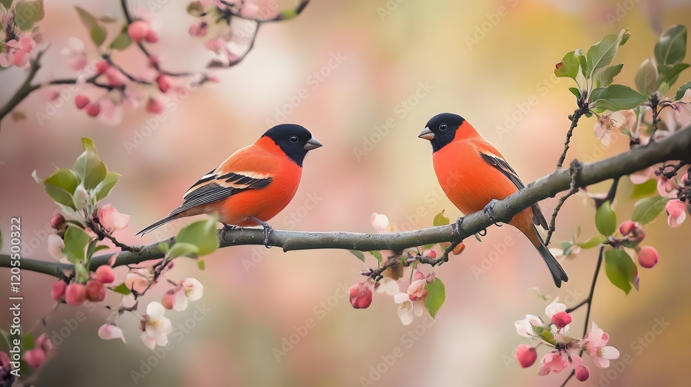 Fototapeta premium Two birds perched on blossoming branch, spring garden