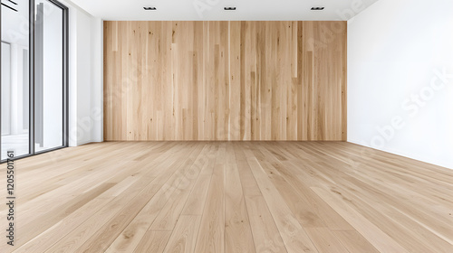 Empty modern interior room with an empty white wall and wooden floor mock up