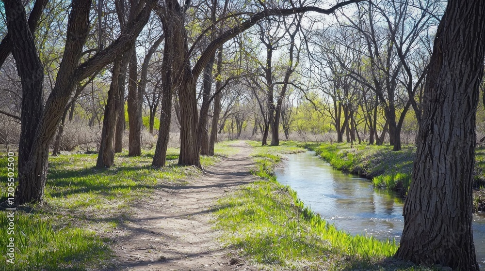 Spring creekside trail, sunlit path, trees, nature, peaceful scene, park, background, landscape, advertisement Spring creekside trail, sunlit path, trees, nature, peaceful scene, park, background, landscape, advertisement