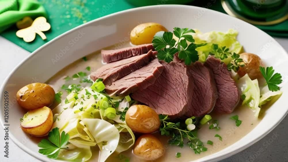 Stockpot Boil, happy st Patrick's day food concept with Slices of tender beef surrounded by cooked cabbage and golden-brown roasted potatoes, Beef and vegetable stew, created with generative ai Stockpot Boil, happy st Patrick's day food concept with Slices of tender beef surrounded by cooked cabbage and golden-brown roasted potatoes, Beef and vegetable stew, created with generative ai