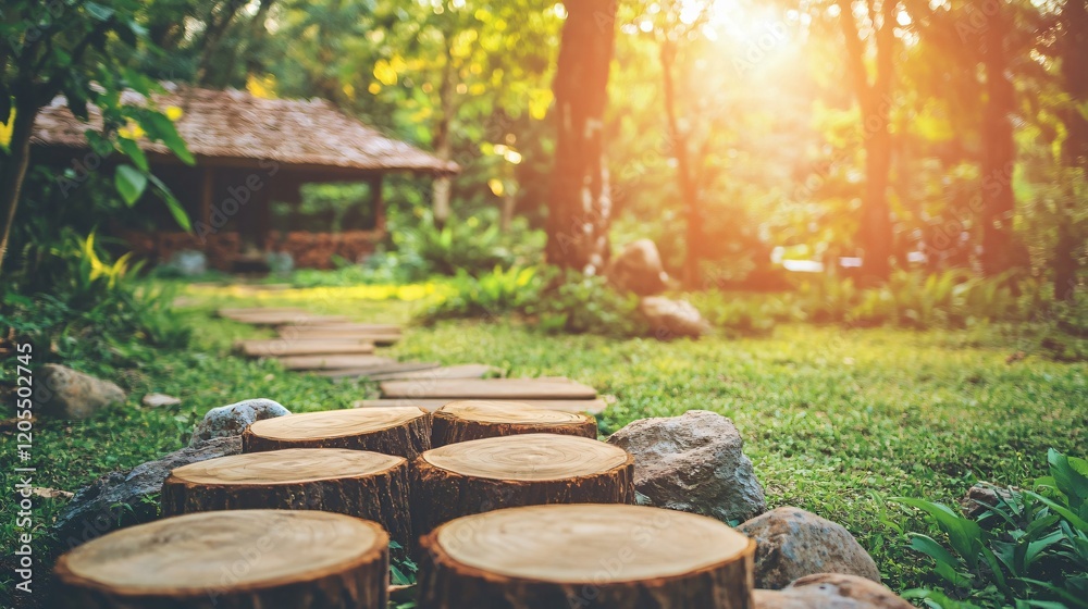 Serene Garden Path Wooden Log Steps Nature Walk Serene Garden Path Wooden Log Steps Nature Walk