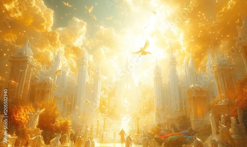 Golden city, angelic figures, heavenly light.