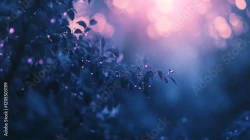 Fading gradient of midnight blue to light purple with water droplets on leaves creating a magical atmosphere