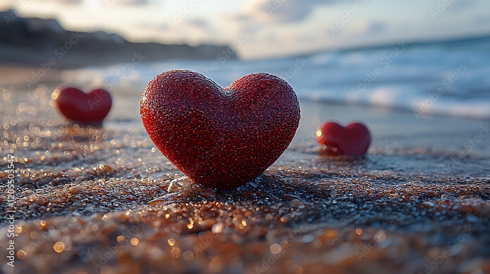 Fototapeta premium Romantic Beach Sunset Red Hearts on Sandy Shore