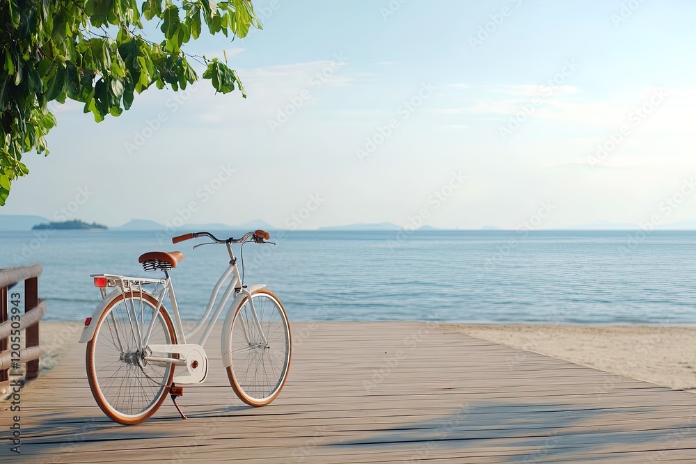 Fototapeta premium Bicycle parked on a wooden deck overlooking a calm beach in bright sunlight by the water