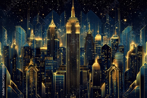 Golden city skyline lit up at night in a geometric art deco style