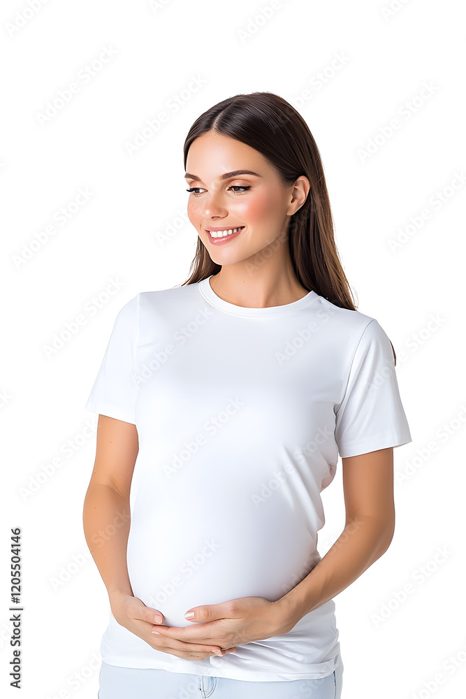 Beautiful young pregnant woman in white t-shirt during last months of pregnancy holding her big belly gently standing against wall Beautiful young pregnant woman in white t-shirt during last months of pregnancy holding her big belly gently standing against wall