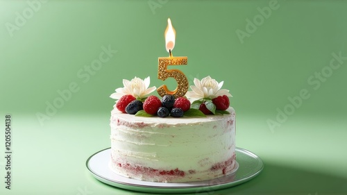 cake on green background, space for text, birthday greeting, five years, candle burning, berries and decoration on a cupcake