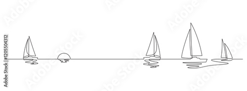 sailboats one line drawing minimalism and sunset