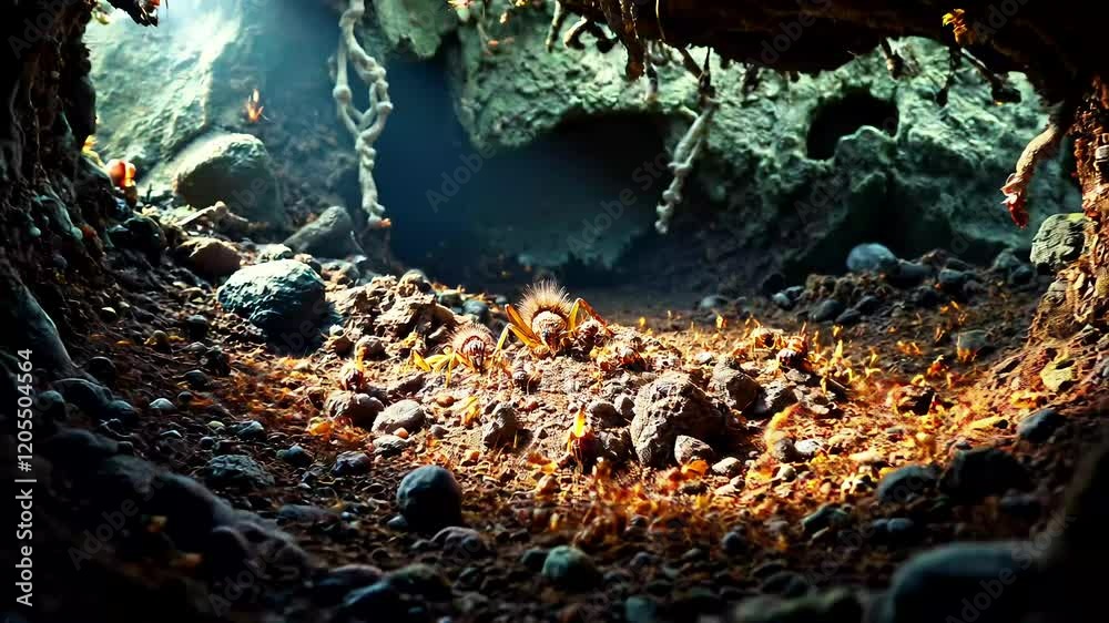 Macro Photography of a Golden Ant Colony in its Underground Nest