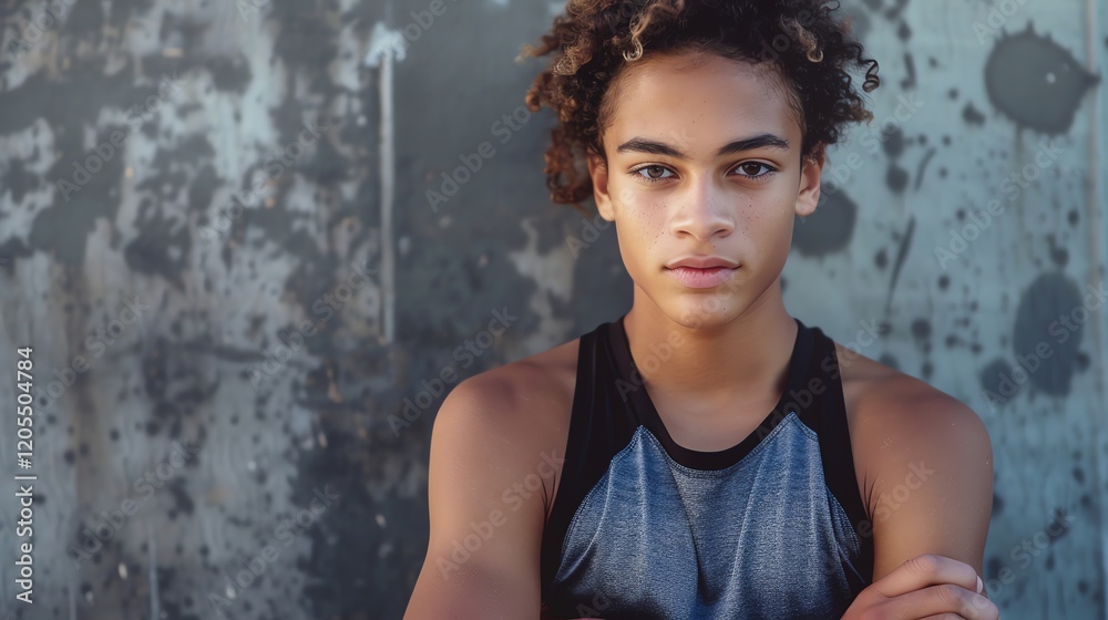 Fototapeta premium A young man with curly hair looks at the camera with his arms crossed.