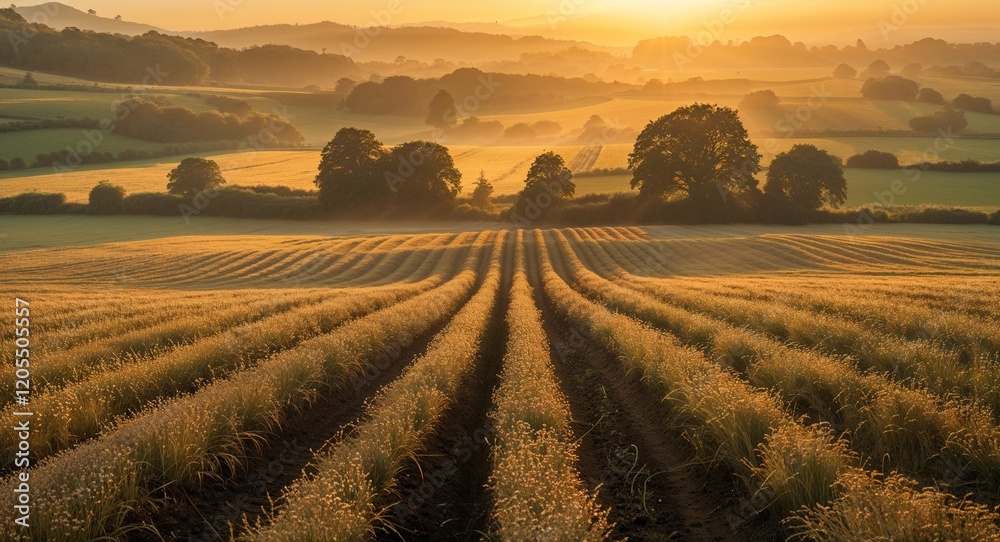 Obraz premium Golden morning light over wide open field