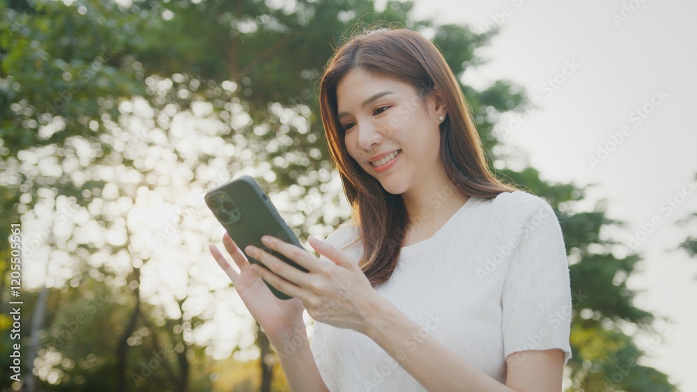 Smiling beautiful woman texting with her phone. Digital Lifestyle Asian Woman using smartphone in sunny park. Modern lifestyle, connection, casual business concept Smiling beautiful woman texting with her phone. Digital Lifestyle Asian Woman using smartphone in sunny park. Modern lifestyle, connection, casual business concept