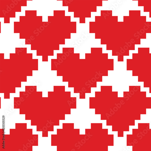 Pixels Stylized Heart shape Seamless pattern in trendy monochrome red. St Valentine Day Background