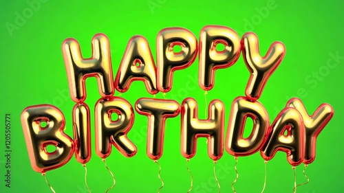 Slow motion of gold balloons spelling Happy Birthday on green chroma key background