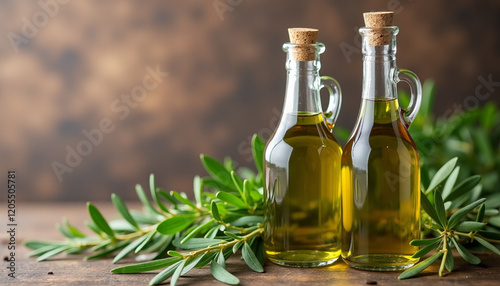 Premium Olive Oil Bottles in Artisanal Style with Golden-Green Hues. AI Generation photo