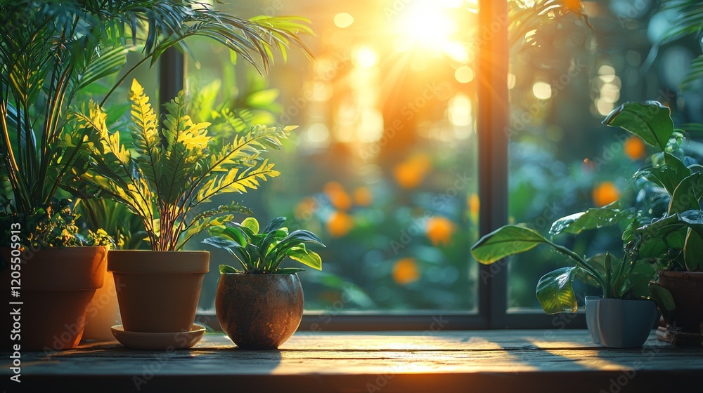 Fototapeta premium Sunlit greenhouse with potted plants