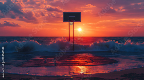 Fototapeta Naklejka Na Ścianę i Meble -  A basketball court on a beach, with waves crashing in the background and the hoop casting shadows, during a vibrant sunset