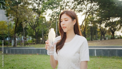 Wallpaper Mural Portrait of asian beautiful young asian woman holding a bottle of water to drink. fresh water, drinking water in a reusable water bottle in sunny park. happiness woman in outdoors activity Torontodigital.ca