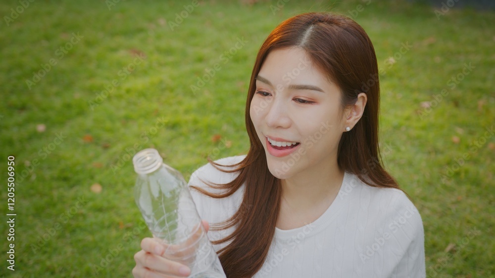 Portrait of asian beautiful young asian woman holding a bottle of water to drink. fresh water, drinking water in a reusable water bottle in sunny park. happiness woman in outdoors activity Portrait of asian beautiful young asian woman holding a bottle of water to drink. fresh water, drinking water in a reusable water bottle in sunny park. happiness woman in outdoors activity