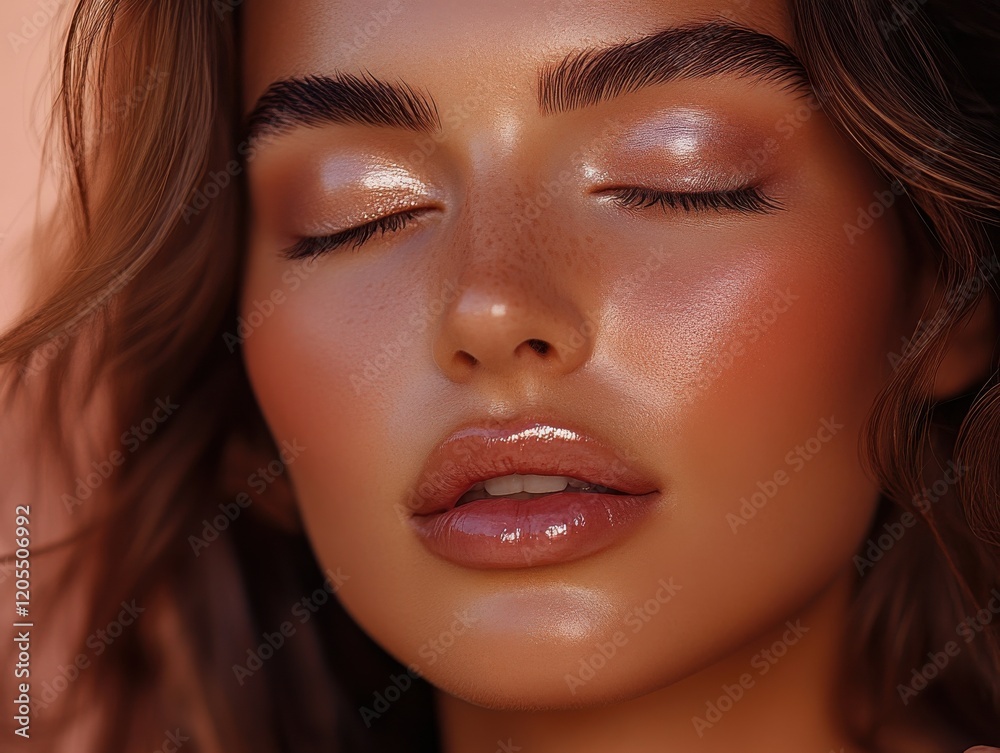 Fototapeta premium Portrait of a woman with glowing skin and natural makeup showcasing beauty in soft light during a sunset