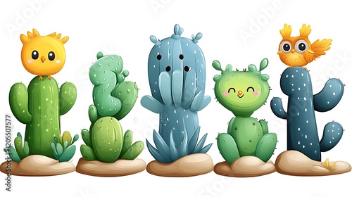 Adorable Cartoon Birds and Cacti in a Row photo