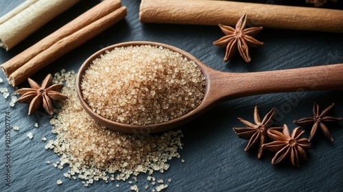 Brown sugar with spices displayed on a dark surface, showcasing anise stars and cinnamon sticks for culinary inspiration photo