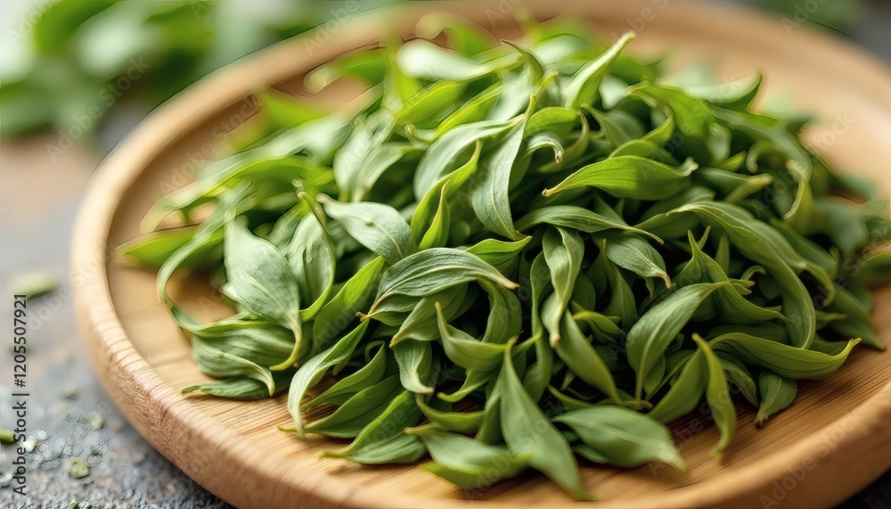 Fresh Green Leaves on Wooden Plate Fresh Green Leaves on Wooden Plate