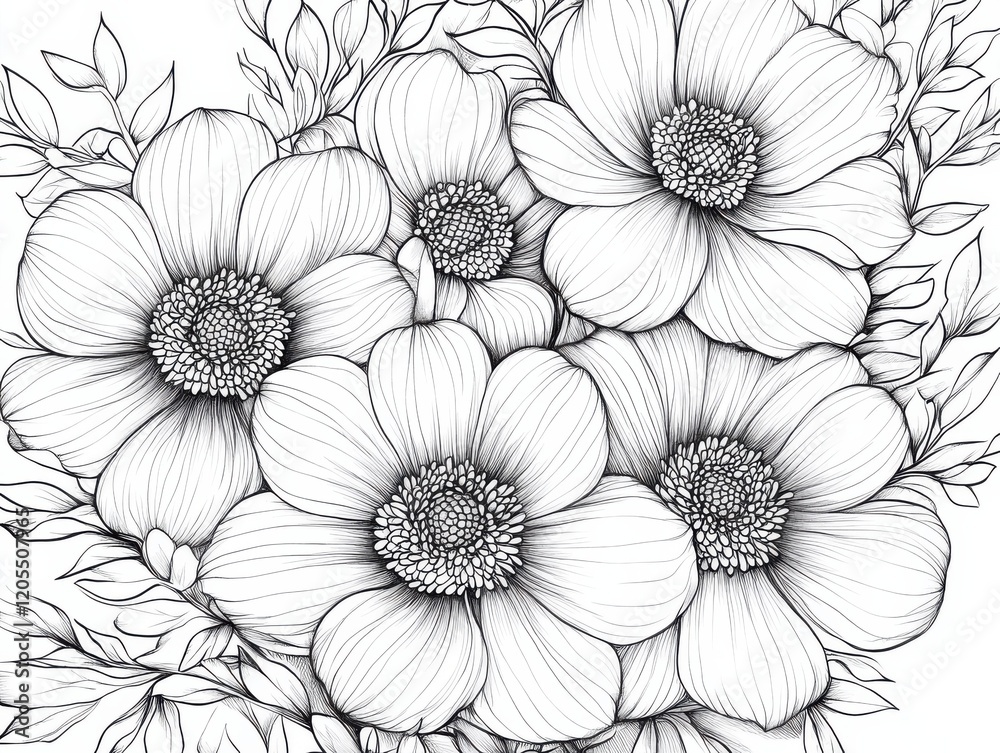 custom made wallpaper toronto digitalDetailed black and white illustration featuring multiple blooming flowers surrounded by delicate leaves in a botanical arrangement