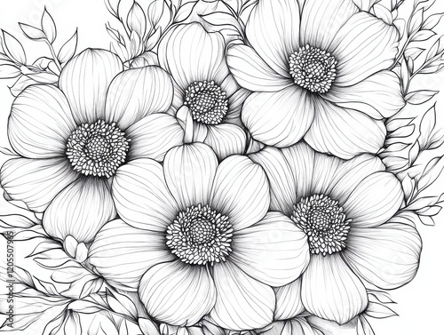 Wallpaper Mural Detailed black and white illustration featuring multiple blooming flowers surrounded by delicate leaves in a botanical arrangement Torontodigital.ca