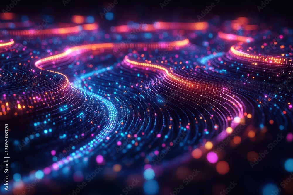 ethereal data visualization scene with glowing 3d charts floating in dark space illuminated by neon blues and purples with translucent connecting lines forming a neural network ethereal data visualization scene with glowing 3d charts floating in dark space illuminated by neon blues and purples with translucent connecting lines forming a neural network