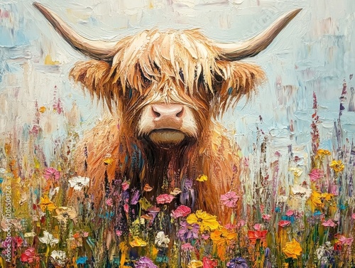 Highland cow surrounded by vibrant wildflowers in a lush field during a sunny day evokes a peaceful rural atmosphere
