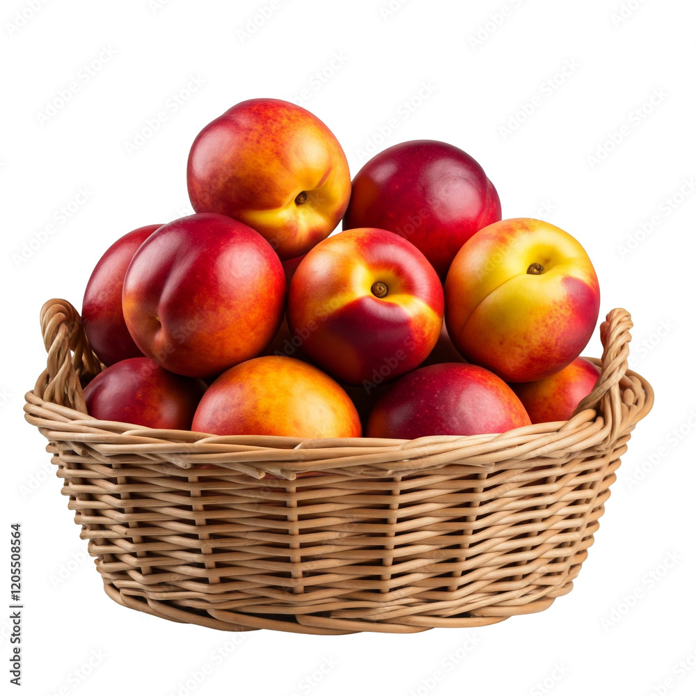 A Rustic Basket Containing Fresh Nectarines, Their Smooth Skins in Shades of Red and Yellow, on a White Background A Rustic Basket Containing Fresh Nectarines, Their Smooth Skins in Shades of Red and Yellow, on a White Background