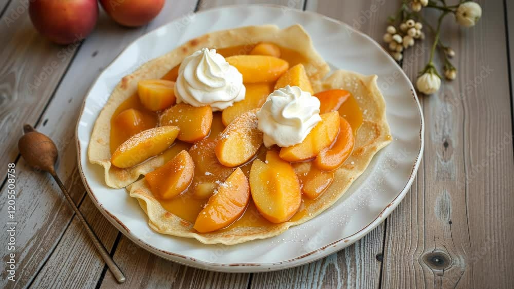 Thin crepes folded and topped with fresh peach slices, whipped cream, and a sprinkle of powdered sugar, served on a rustic ceramic plate. Thin crepes folded and topped with fresh peach slices, whipped cream, and a sprinkle of powdered sugar, served on a rustic ceramic plate.