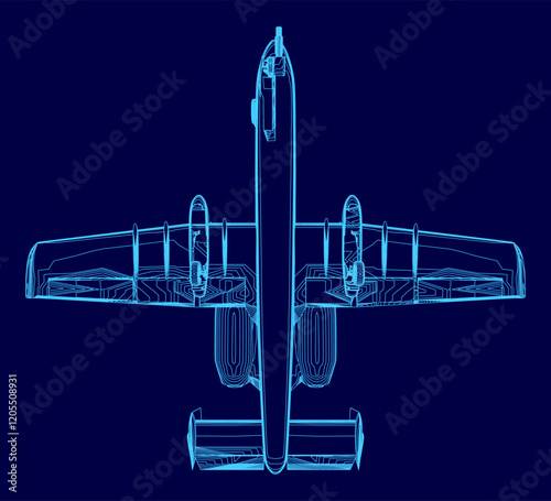 Blue airplane is shown in a blue drawing. The airplane is a fighter jet and is shown in a very detailed and realistic manner. The drawing conveys a sense of power and strength