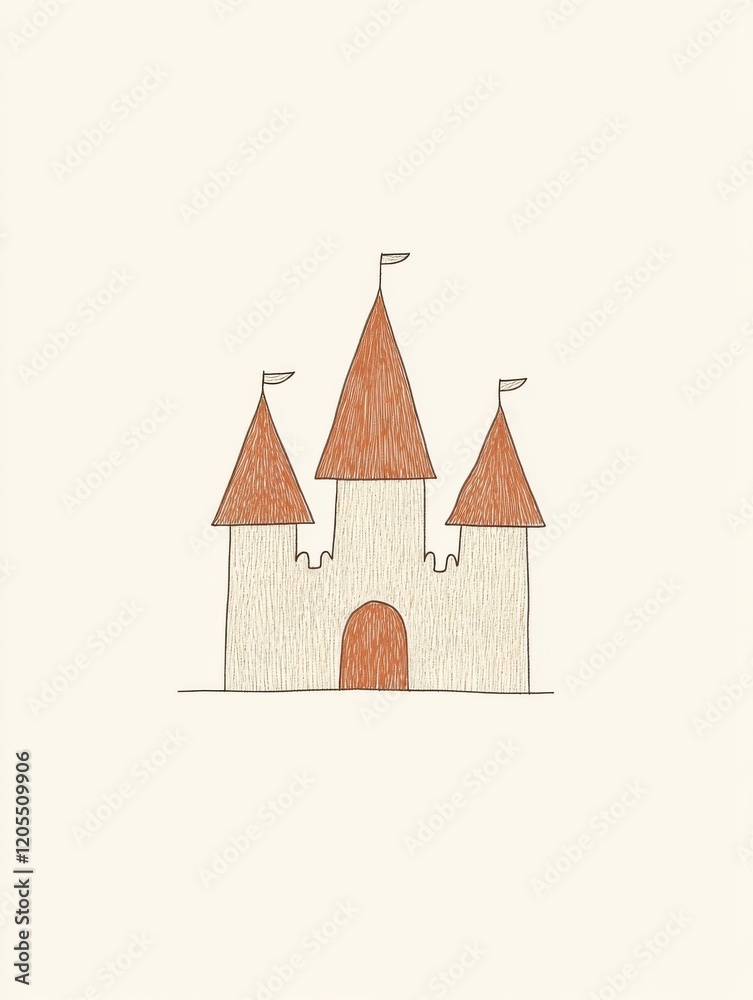 Colorful castle drawing featuring three pointed towers and a simple archway set against a neutral background Colorful castle drawing featuring three pointed towers and a simple archway set against a neutral background